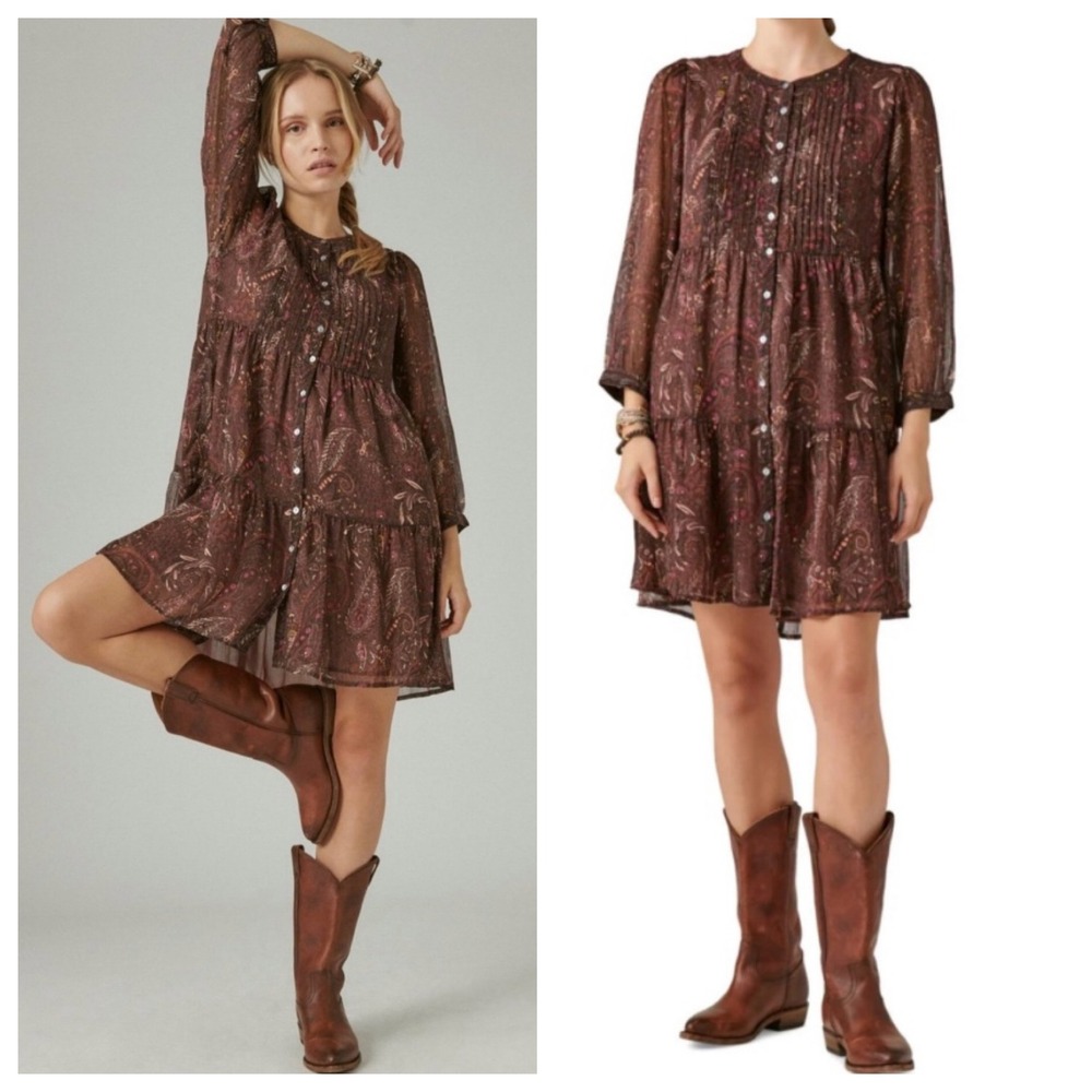 Lucky Brand Purple Paisley Pintuck Babydoll Dress Sz M Long Sheer Sleeves Boho